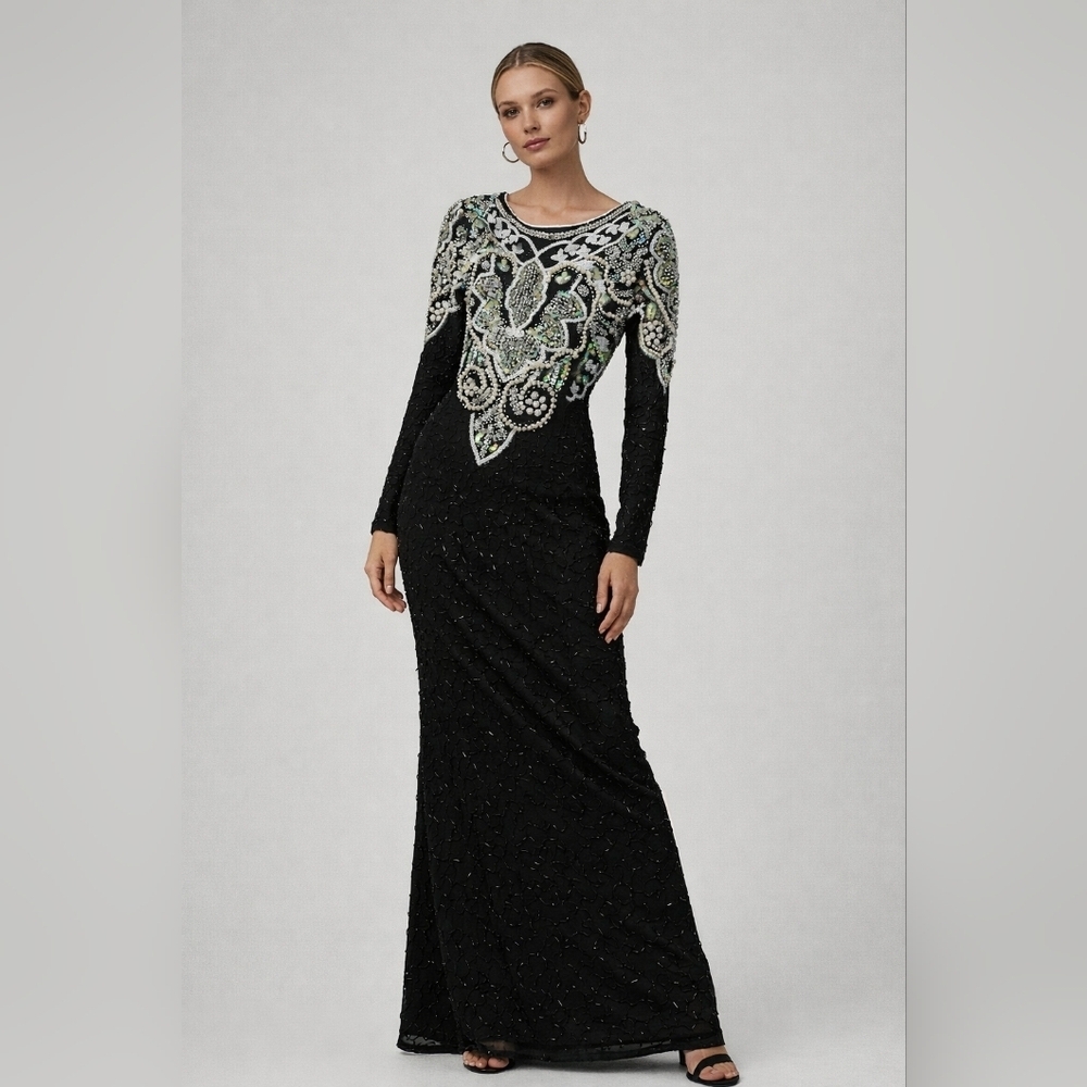 Vingage Elegant Black and Green Sequin Pearl Embellished Dress Silk India - Picture 2 of 10